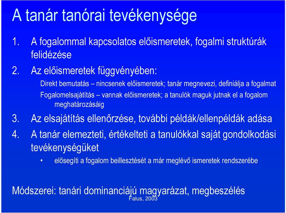 előismeretek; a tanulók maguk jutnak el a fogalom meghatározásáig 3. Az elsajátítás ellenőrzése, további példák/ellenpéldák adása 4.