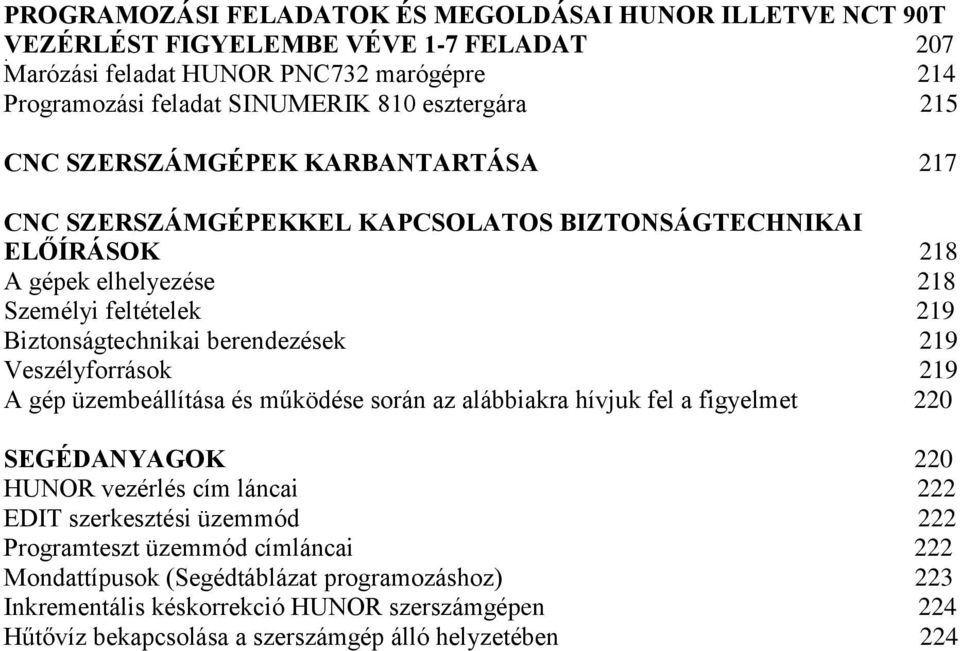 berendezések 219 Veszélyforrások 219 A gép üzembeállítása és működése során az alábbiakra hívjuk fel a figyelmet 220 SEGÉDANYAGOK 220 HUNOR vezérlés cím láncai 222 EDIT szerkesztési