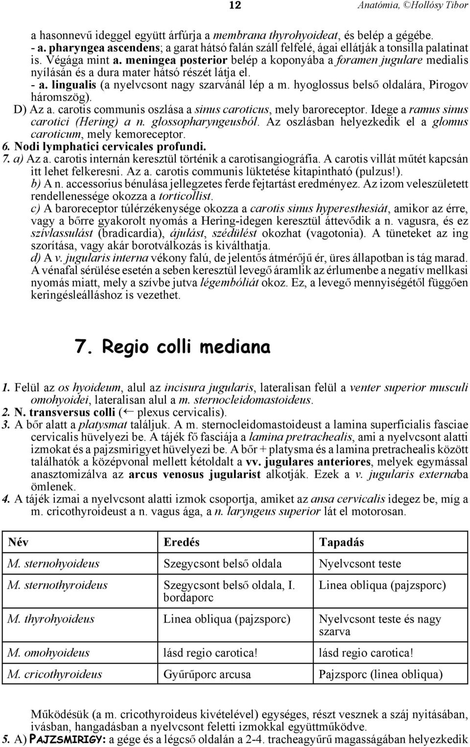 hyoglossus belså oldalára, Pirogov háromszög). D) Az a. carotis communis oszlása a sinus caroticus, mely baroreceptor. Idege a ramus sinus carotici (Hering) a n. glossopharyngeusból.