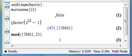 Mersenne-prímek A Lucas-Lehmer teszt (Egyelőre magyarázat nélkül) Példa: q = 3 Ekkor m = 2 q 1 = 7 A teszt lefutása: (4 2 2) mod 7 vizsgálata, ez pedig 0 Így a 7 prím Bináris számítógépeknek ez a