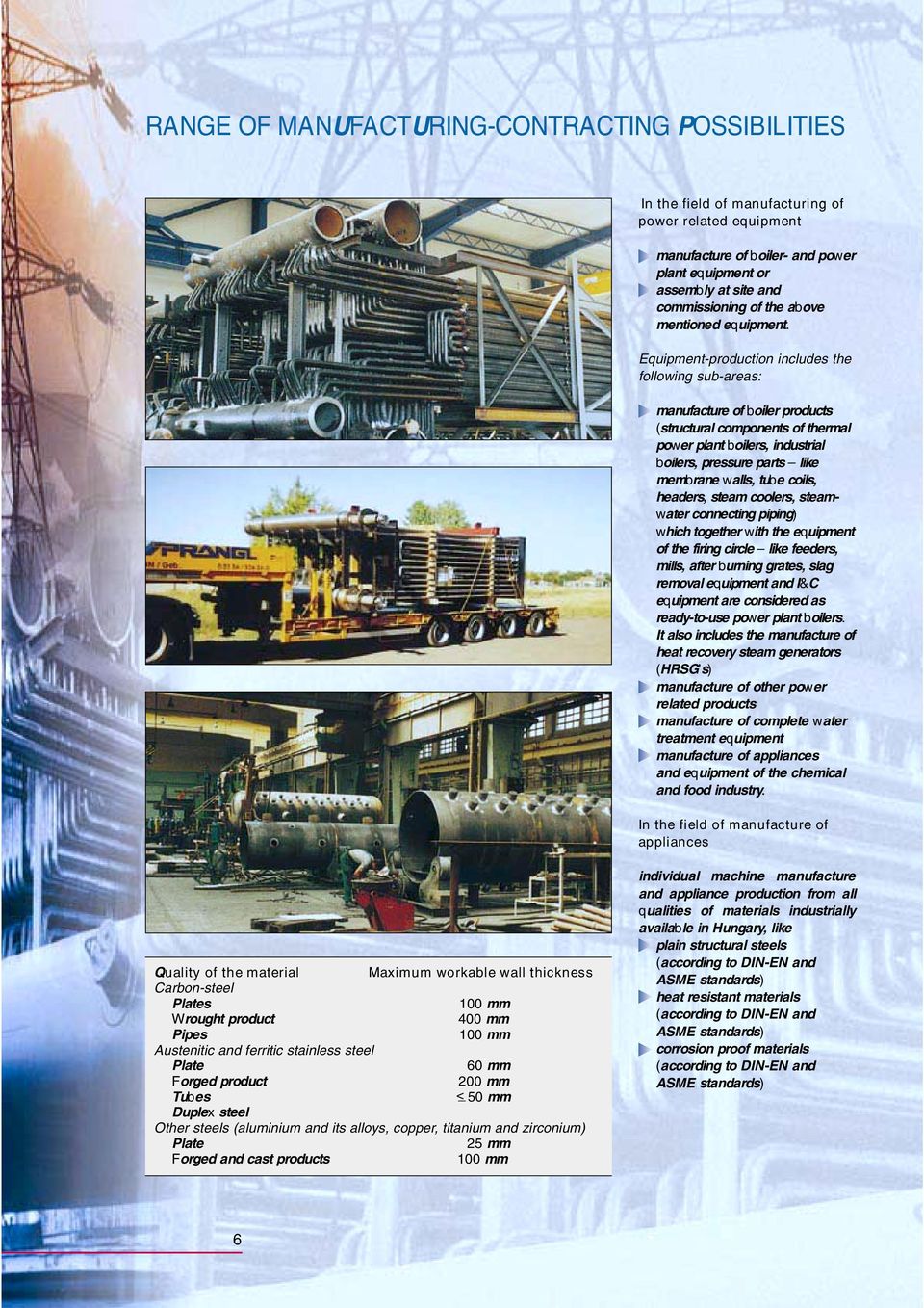 Equipment-production includes the following sub-areas: manufacture of boiler products (structural components of thermal power plant boilers, industrial boilers, pressure parts like membrane walls,
