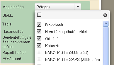 A megjelenítendő rétegek használatával ki-be lehet kapcsolni a listában szereplő fedvényeket.