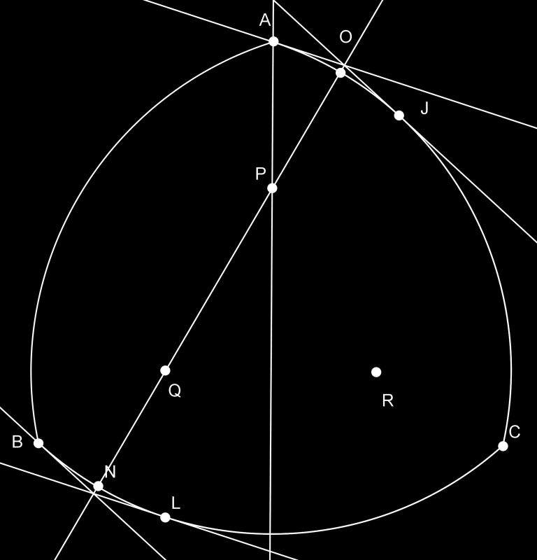 Ezek után húzzuk be az érintőket az A, B, J és N pontokba és kössük össze az érintők metszéspontjaiból keletkező két pontot, ez az egyenes a körháromszöget két pontban metszi O és N (18. ábra).