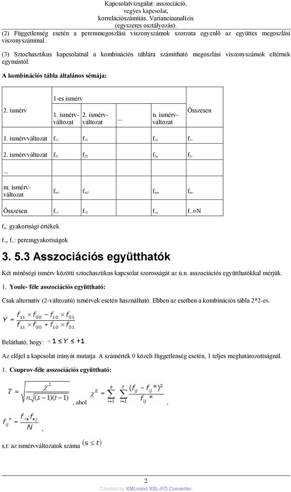 ismérvváltozat... n. ismérvváltozat Összesen 1. ismérvváltozat f 11 f 12 f 1n f 1. 2. ismérvváltozat f 21 f 22 f 2n f 2.... m. ismérvváltozat f m1 f m2 f mn f m. Összesen f. 1 f. 2 f. n f.