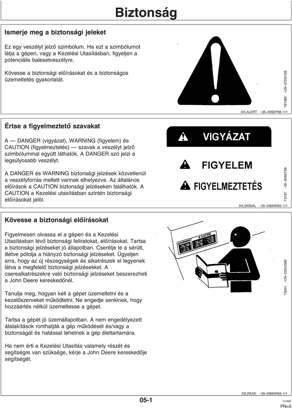 T81389 UN 07DEC88 DX,ALERT 35 29SEP98 1/1 Értse a figyelmeztető szavakat A DANGER (vigyázat), WARNING (figyelem) és CAUTION (figyelmeztetés) szavak a veszélyt jelző szimbólummal együtt láthatók.