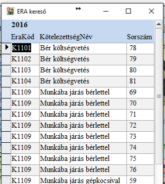 Lehetővé teszi, hogy megvizsgáljuk, mely ERA kód milyen kötelezettség mellett, milyen sorszámon található.