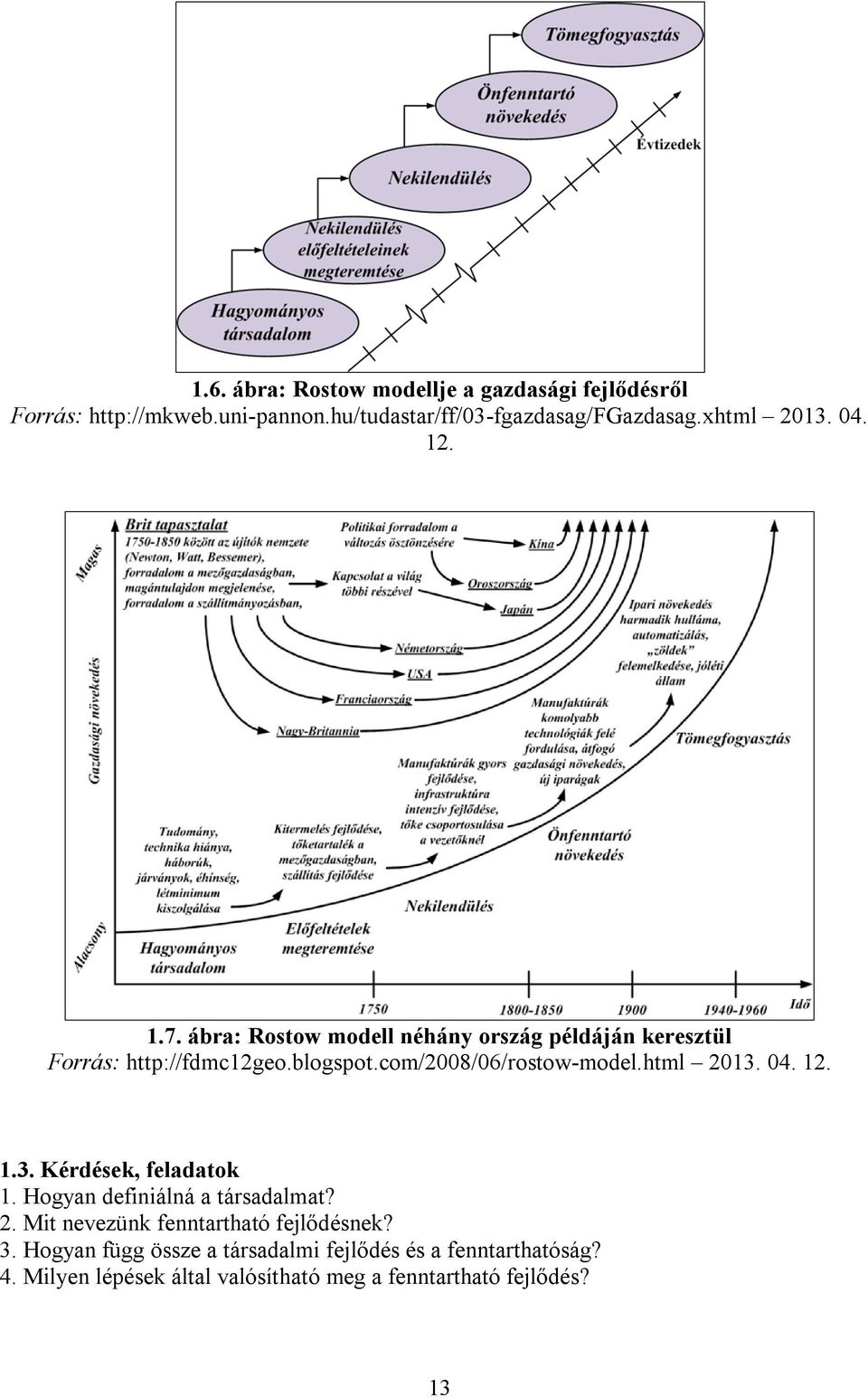 com/2008/06/rostow-model.html 2013. 04. 12. 1.3. Kérdések, feladatok 1. Hogyan definiálná a társadalmat? 2. Mit nevezünk fenntartható fejlődésnek?