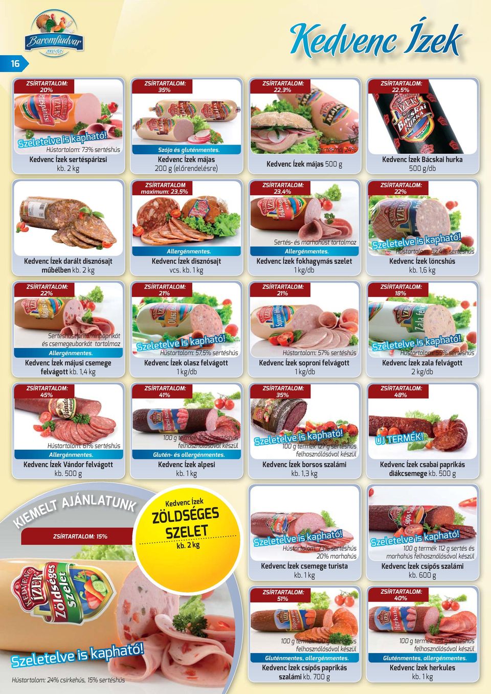 2 kg Allergénmentes. Kedvenc Ízek disznósajt vcs. kb. 1 kg Sertés- és marhahúst tartalmaz Allergénmentes. Kedvenc Ízek fokhagymás szelet 1 kg/db Szeletelve is kapható!