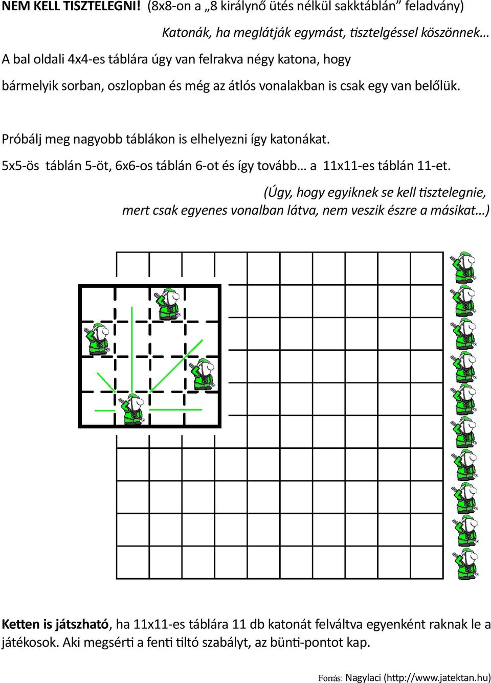 hogy bármelyik sorban, oszlopban és még az átlós vonalakban is csak egy van belőlük. Próbálj meg nagyobb táblákon is elhelyezni így katonákat.