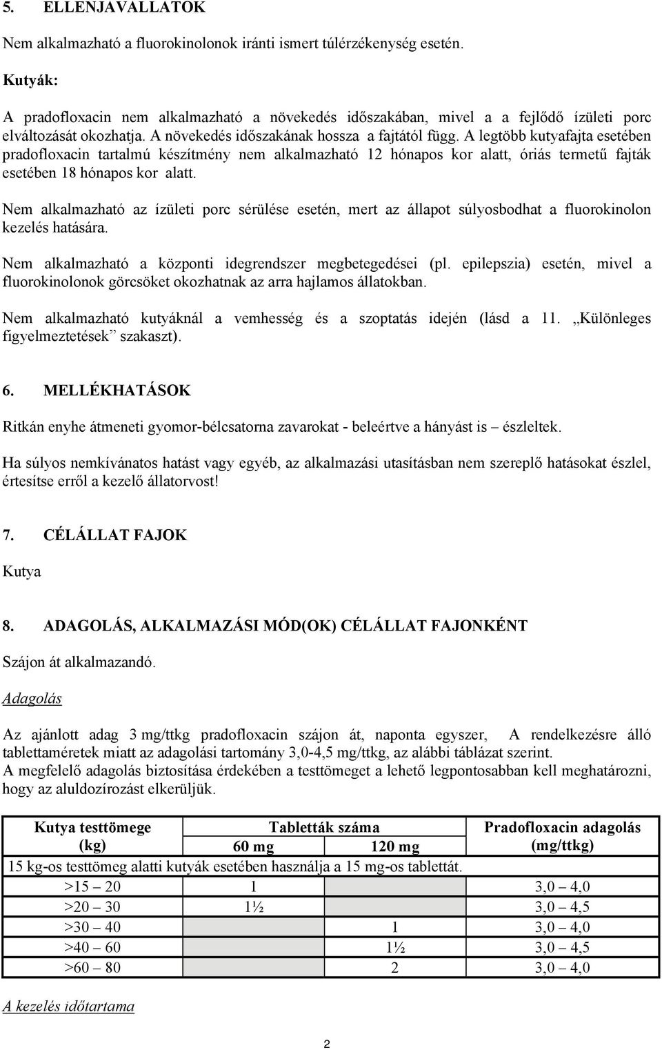 A legtöbb kutyafajta esetében pradofloxacin tartalmú készítmény nem alkalmazható 12 hónapos kor alatt, óriás termetű fajták esetében 18 hónapos kor alatt.