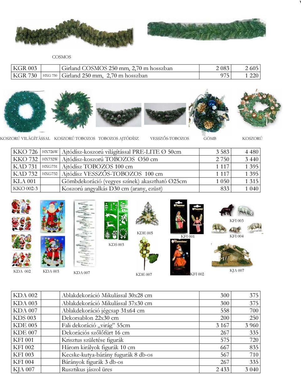 HXG732 Ajtódísz VESSZŐS-TOBOZOS 100 cm 1 117 1 395 KLA 001 Gömbdekoráció (vegyes színek) akasztható Ø25cm 1 050 1 315 KKO 002-3 Koszorú angyalkás D30 cm (arany, ezüst) 833 1 040 KFI 003 KDE 005 KFI