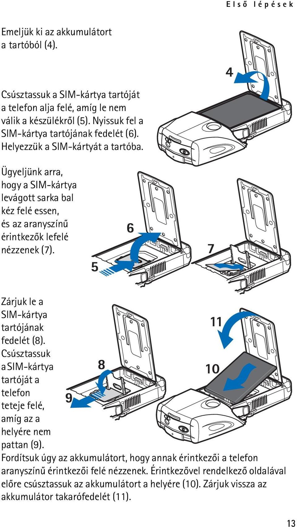 Ügyeljünk arra, hogy a SIM-kártya levágott sarka bal kéz felé essen, és az aranyszínû érintkezõk lefelé nézzenek (7). Zárjuk le a SIM-kártya tartójának fedelét (8).
