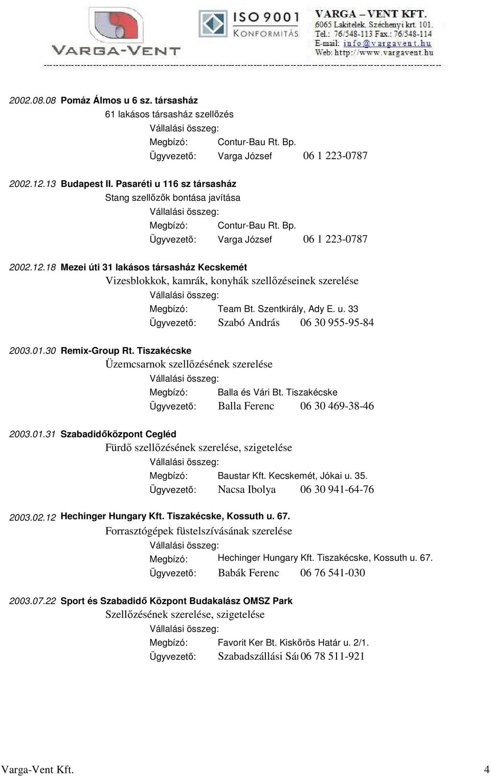Tiszakécske Ügyvezető: Balla Ferenc 06 30 469-38-46 2003.01.31 Szabadidőközpont Cegléd Fürdő szellőzésének szerelése, szigetelése Megbízó: Baustar Kft. Kecskemét, Jókai u. 35.