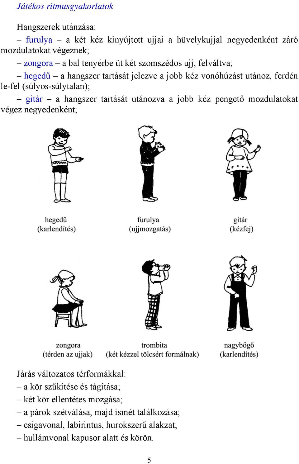 gitár a hangszer tartását utánozva a jobb kéz pengető mozdulatokat végez negyedenként; Járás változatos térformákkal: a kör szűkítése és tágítása;