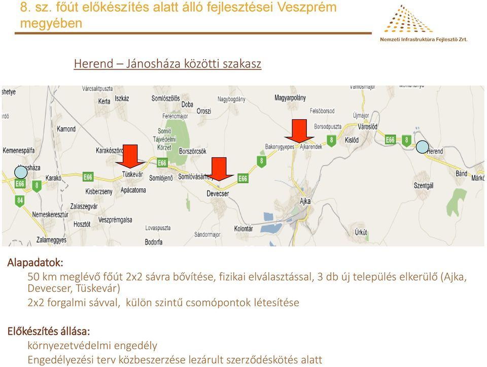 Alapadatok: 50 km meglévő főút 2x2 sávra bővítése, fizikai elválasztással, 3 db új település