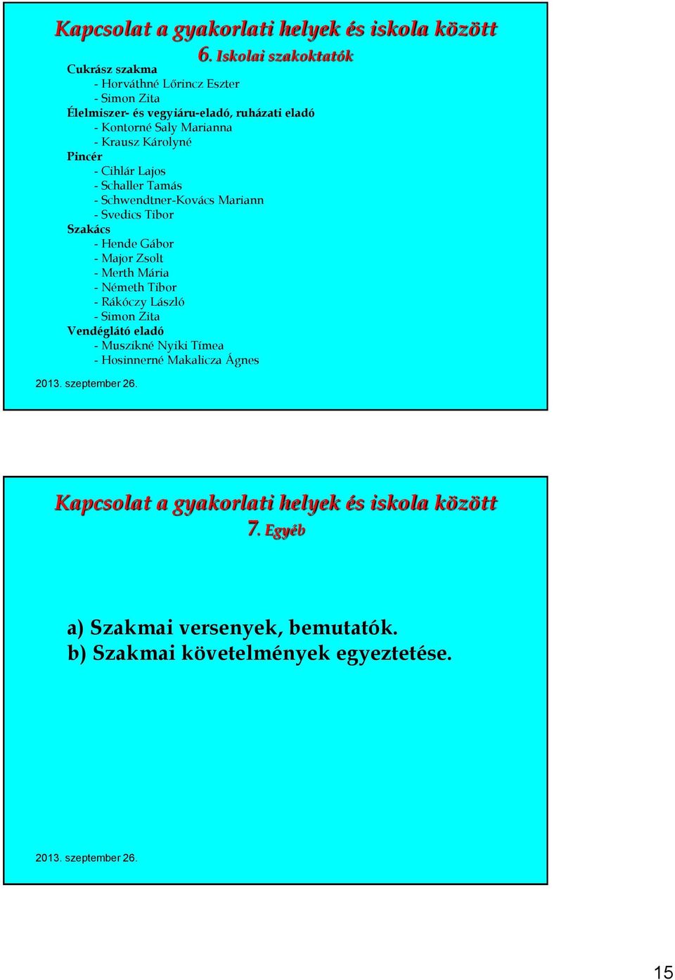 Krausz Károlyné Pincér - Cihlár Lajos - Schaller Tamás - Schwendtner-Kovács Mariann - Svedics Tibor Szakács - Hende Gábor - Major Zsolt - Merth