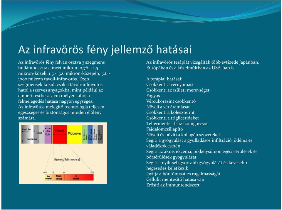 Az infravörös melegítő technológia teljesen egészséges és biztonságos minden élőlény számára. Az infravörös terápiát vizsgálták több évtizede Japánban, Európában és a közelmúltban az USA-ban is.