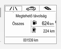 100 Műszerek és kezelőszervek Üzemanyag-hatótávolság A megtehető utat a tankban lévő üzemanyagszint és a pillanatnyi fogyasztás alapján számítja ki a rendszer. A kijelző átlagértékeket mutat.