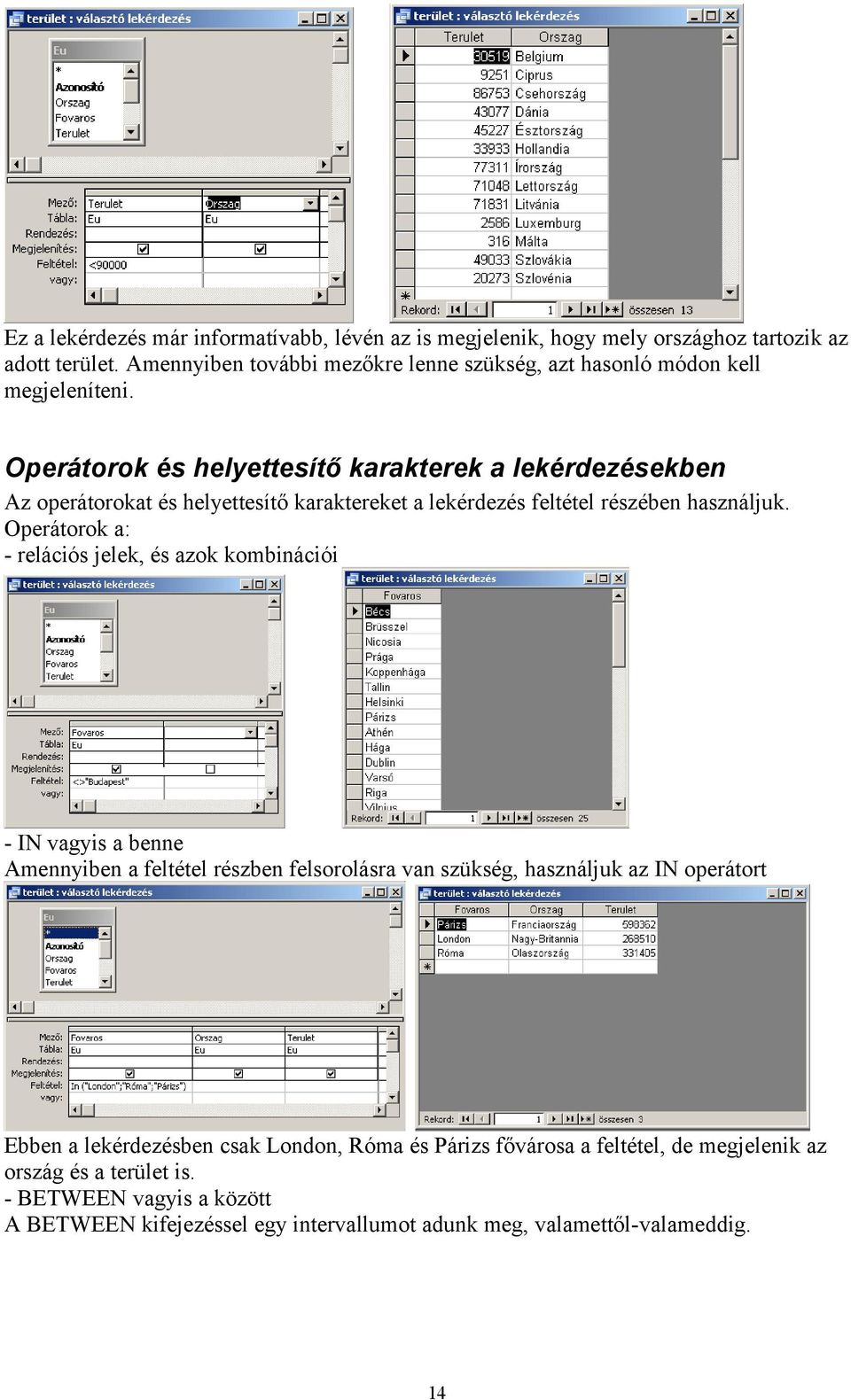 Operátorok és helyettesítő karakterek a lekérdezésekben Az operátorokat és helyettesítő karaktereket a lekérdezés feltétel részében használjuk.