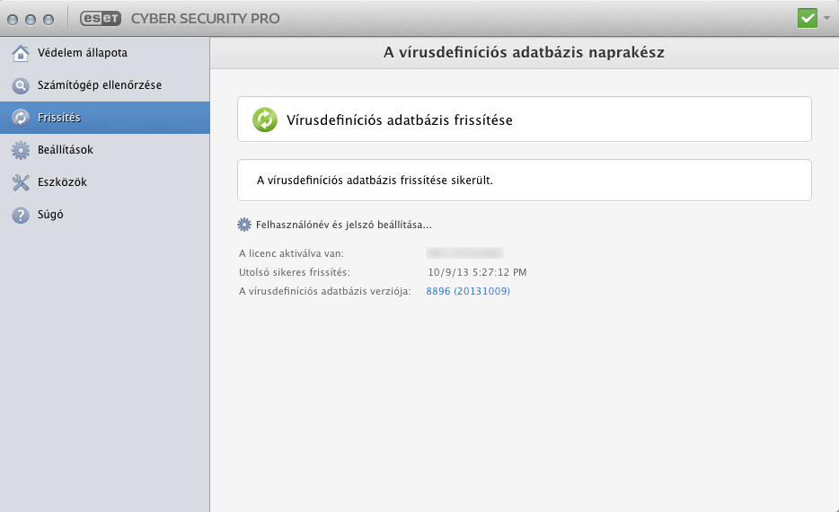 Frissítés Az ESET Cyber Security Pro alapértelmezés szerint előre definiált feladata a rendszeres frissítések biztosítása (lásd a felhasználói útmutató Feladatütemező című részét).