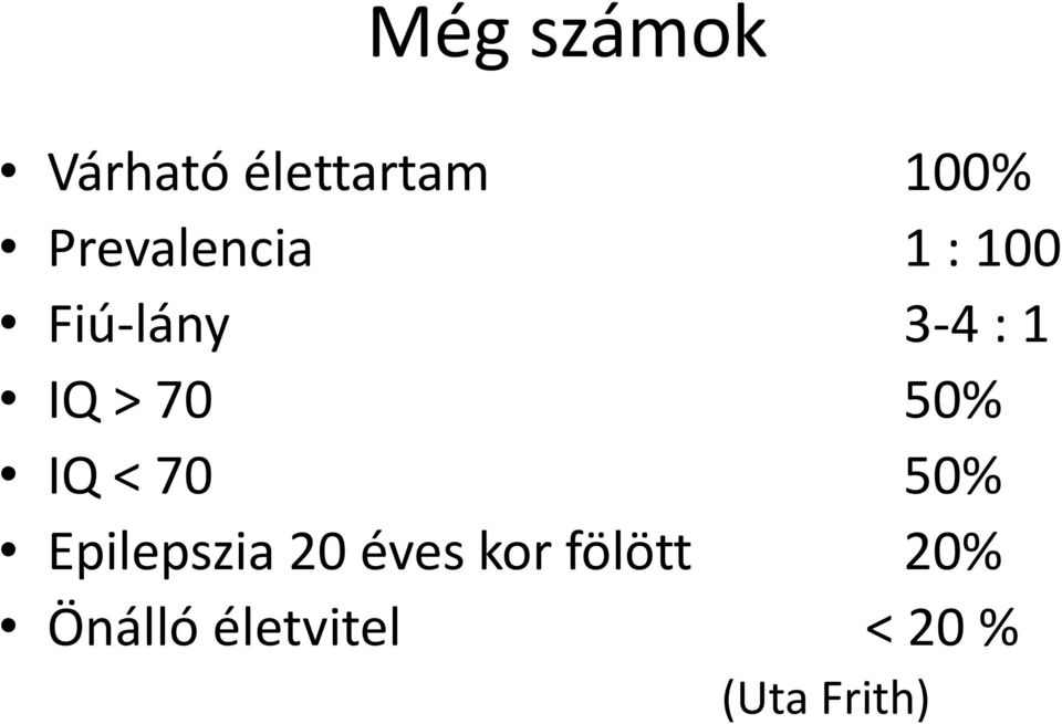 70 50% IQ < 70 50% Epilepszia 20 éves kor
