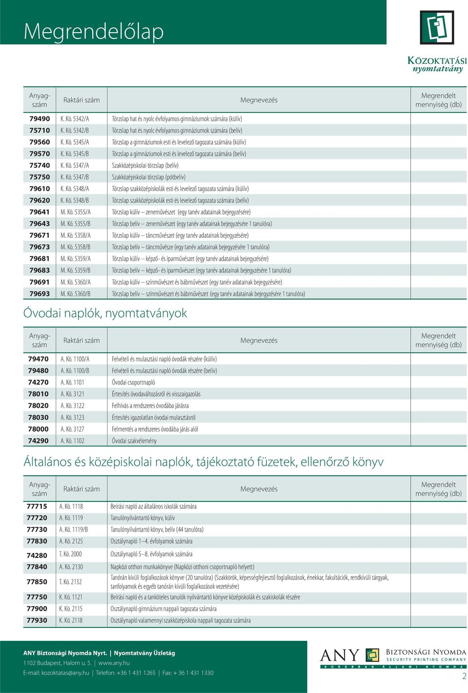 Kö. 5348/B Törzslap szakközépiskolák esti és levelező tagozata számára (belív) 79641 M. Kö. 5355/A Törzslap külív zeneművészet (egy tanév adatainak bejegyzésére) 79643 M. Kö. 5355/B Törzslap belív zeneművészet (egy tanév adatainak bejegyzésére 1 tanulóra) 79671 M.