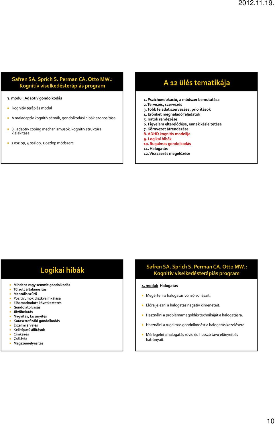 Figyelem elterelődése, ennek késleltetése 7. Környezet átrendezése 8. ADHD kognitív modellje 9. Logikai hibák 10. Rugalmas gondolkodás 11. Halogatás 12.
