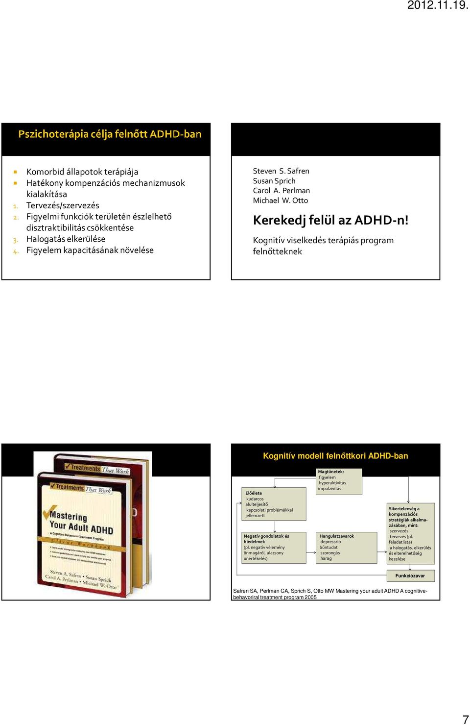 Kognitív viselkedés terápiás program felnőtteknek Kognitív modell felnőttkori ADHD-ban Előélete kudarcos alulteljesítő kapcsolati problémákkal jellemzett Negatív gondolatok és hiedelmek (pl.
