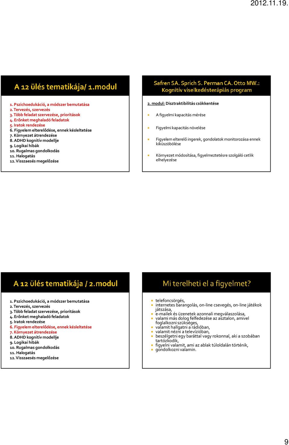 modul: Disztraktibilitás csökkentése A figyelmi kapacitás mérése Figyelmi kapacitás növelése Figyelem elterelő ingerek, gondolatok monitorozása ennek kiküszöbölése Környezet módosítása,