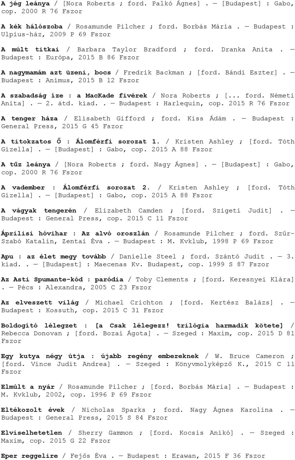 Bándi Eszter]. Budapest : Animus, 2015 B 12 Fszor A szabadság íze : a MacKade fivérek / Nora Roberts ; [... ford. Németi Anita]. 2. átd. kiad.. Budapest : Harlequin, cop.