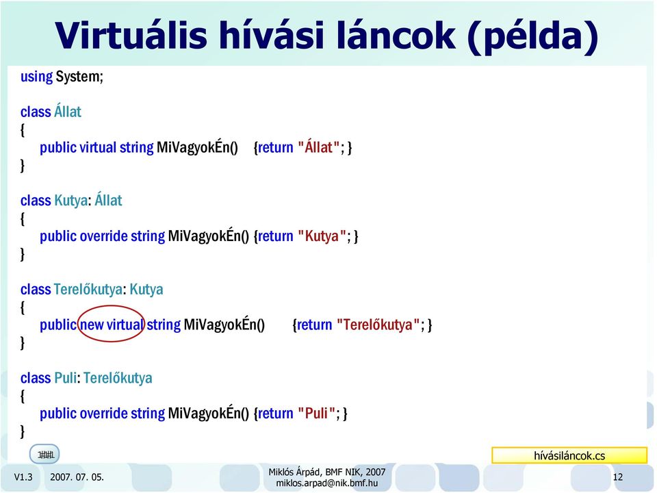 Terelőkutya: Kutya public new virtual string MiVagyokÉn() return "Terelőkutya"; class Puli: