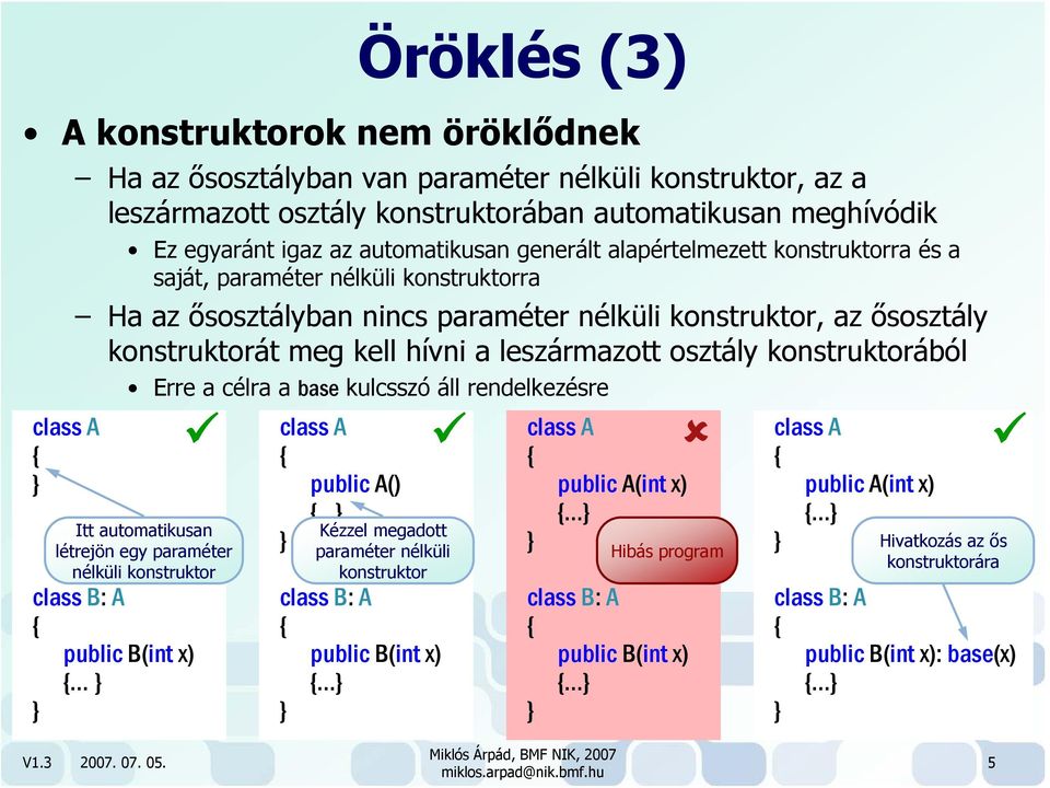 leszármazott osztály konstruktorából class B: A public B(int x) Erre a célra a base kulcsszó áll rendelkezésre class A class A public A() Itt automatikusan létrejön egy paraméter nélküli konstruktor