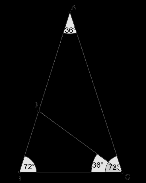 Legyen ennek a háromszögnek a két szára és. Ekkor és. A csúcs körül távolsággal húzzunk körívet, és a körív az háromszögben messe az oldalt a pontban.