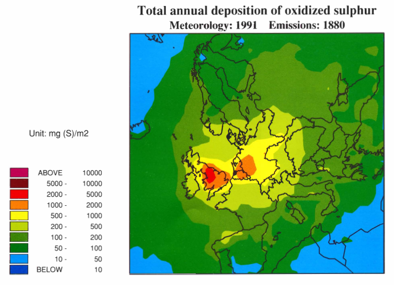 Mylona, 1993: Trends of sulphur dioxide emissions, air concentrations
