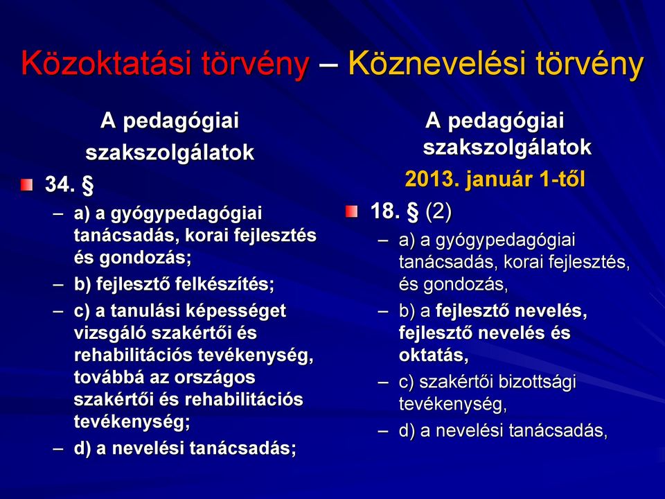 tevékenység; d) a nevelési tanácsadás; A pedagógiai szakszolgálatok 2013. január 1-től 18.