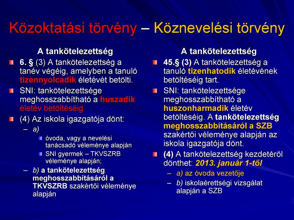 b) a tankötelezettség meghosszabbításáról a TKVSZRB szakértői véleménye alapján A tankötelezettség 45. (3) A tankötelezettség a tanuló tizenhatodik életévének betöltéséig tart.