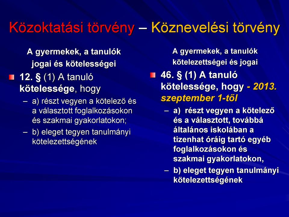 tegyen tanulmányi kötelezettségének A gyermekek, a tanulók kötelezettségei és jogai 46. (1) A tanuló kötelessége, hogy - 2013.