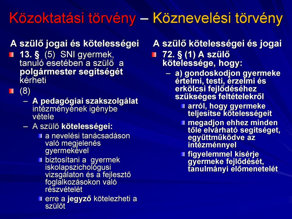 való megjelenés gyermekével biztosítani a gyermek iskolapszichológusi vizsgálaton és a fejlesztő foglalkozásokon való részvételét erre a jegyző kötelezheti a szülőt A szülő