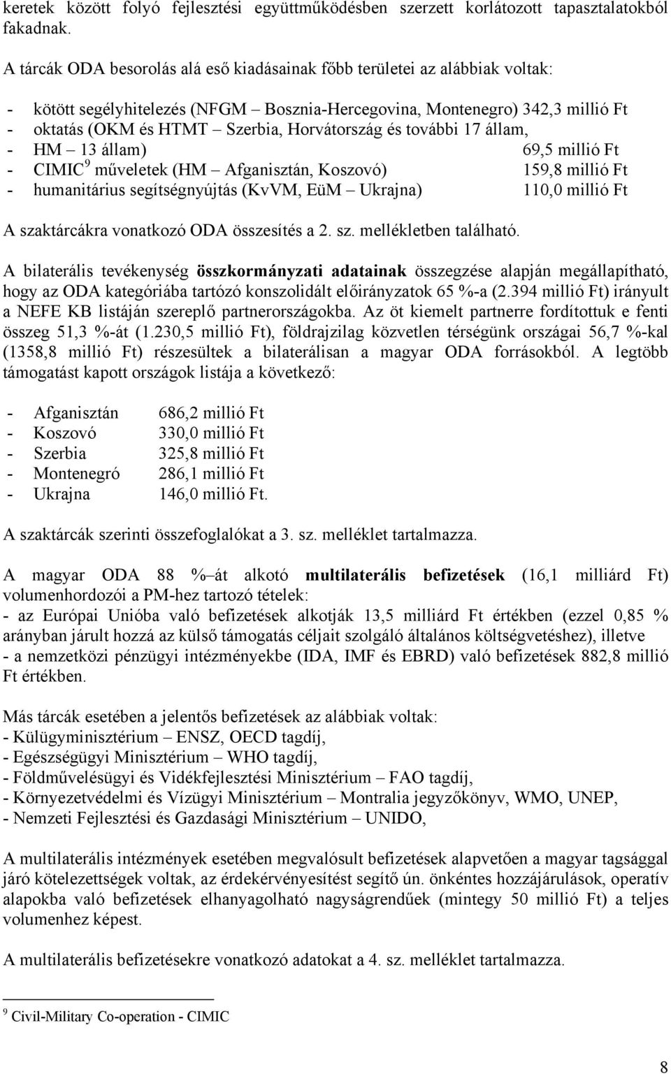 Horvátország és további 17 állam, - HM 13 állam) 69,5 millió Ft - CIMIC 9 műveletek (HM Afganisztán, Koszovó) 159,8 millió Ft - humanitárius segítségnyújtás (KvVM, EüM Ukrajna) 110,0 millió Ft A