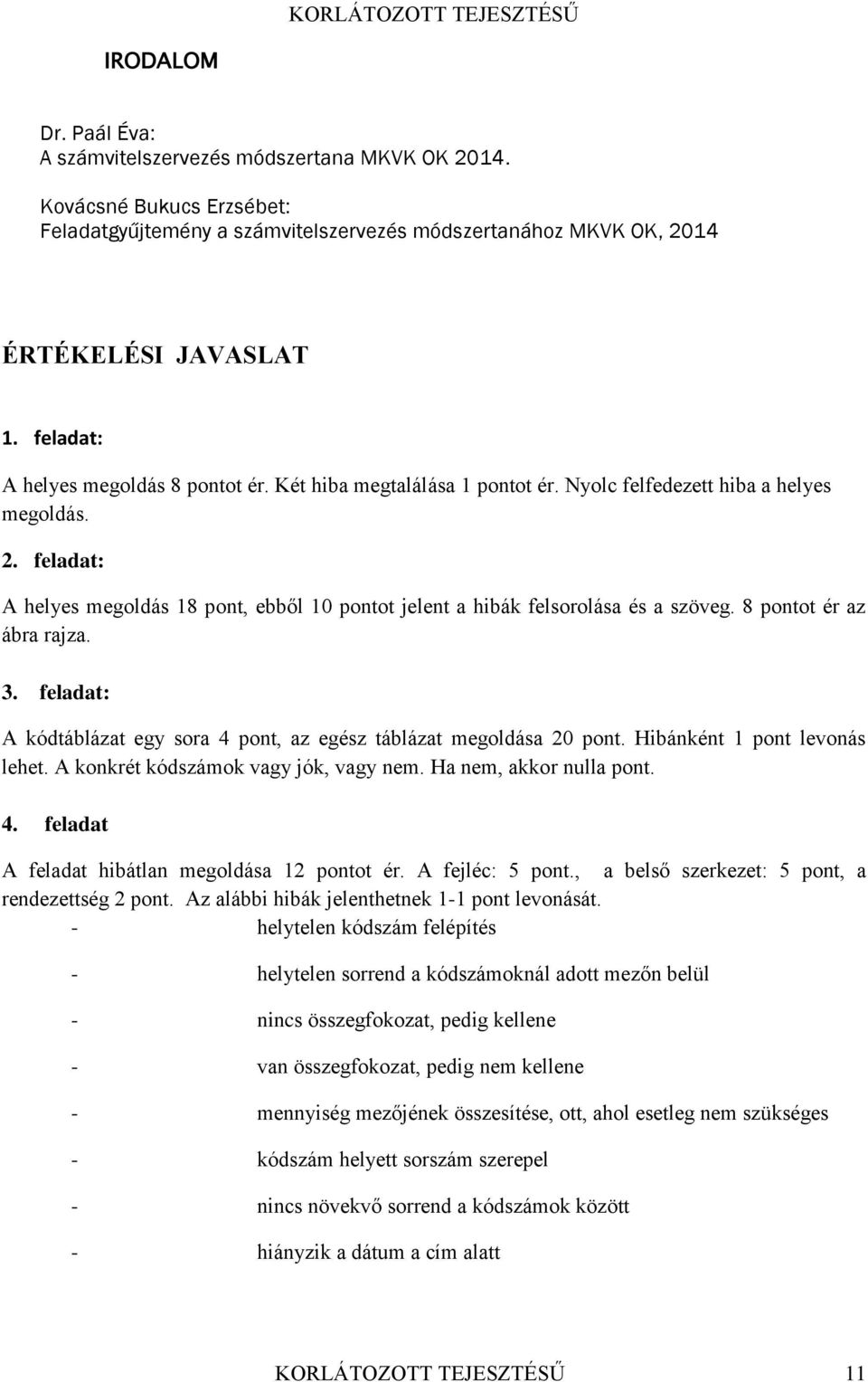 feladat: A helyes megoldás 18 pont, ebből 10 pontot jelent a hibák felsorolása és a szöveg. 8 pontot ér az ábra rajza. 3. feladat: A kódtáblázat egy sora 4 pont, az egész táblázat megoldása 20 pont.