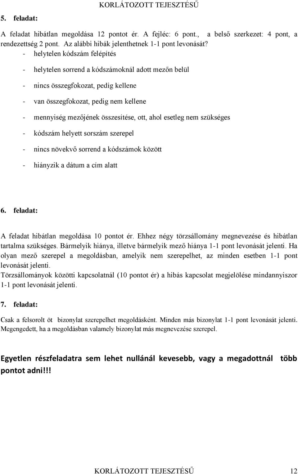 ahol esetleg nem szükséges - kódszám helyett sorszám szerepel - nincs növekvő sorrend a kódszámok között - hiányzik a dátum a cím alatt 6. feladat: A feladat hibátlan megoldása 10 pontot ér.
