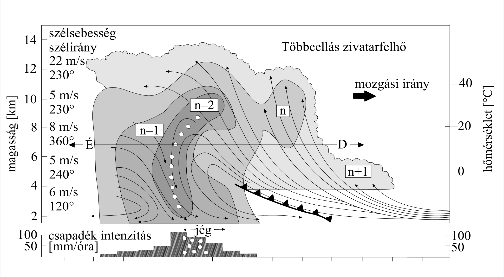 Többcellás zivatarfelhı függıleges metszete (meteorológiai radaron látható kép alapján készült) A felhıben egyszerre vannak jelen a fejlıdı (n, n+1), kifejlett (n-1) és