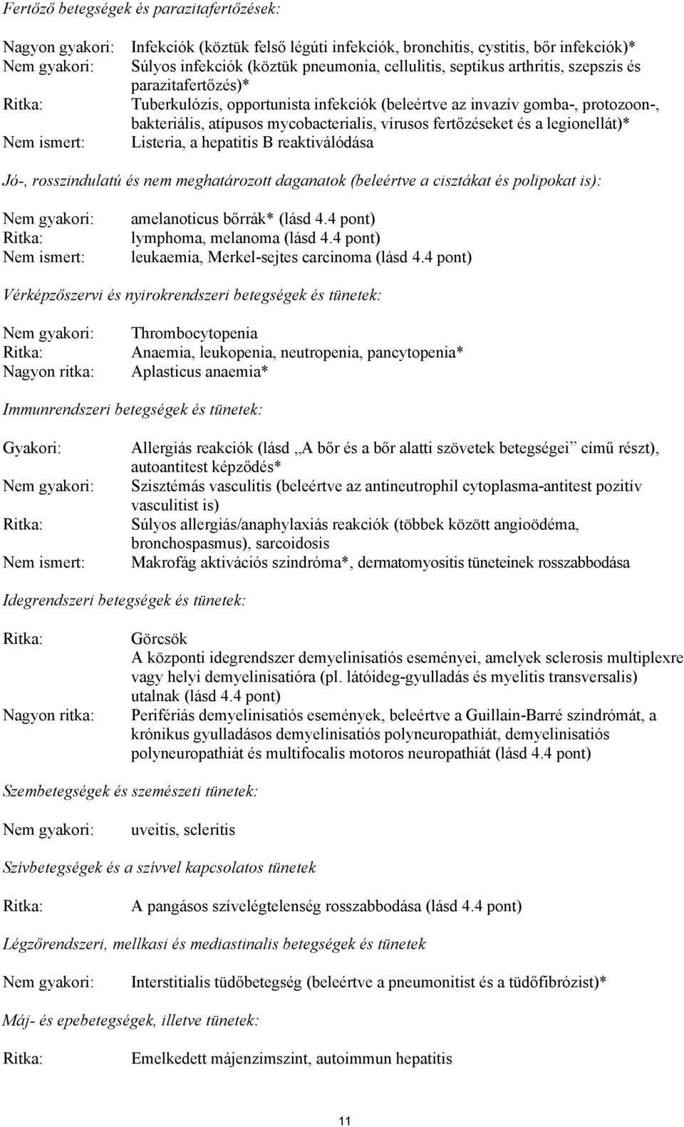 fertőzéseket és a legionellát)* Listeria, a hepatitis B reaktiválódása Jó-, rosszindulatú és nem meghatározott daganatok (beleértve a cisztákat és polipokat is): Nem gyakori: Ritka: Nem ismert: