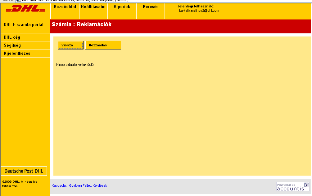 DHL e-számlázás - Felhasználói kézikönyv 14 Diagram 1.4h Számla PDF nézete A Reklamáció gombra kattintva jelezheti felénk a számlával kapcsolatos észrevételeit.