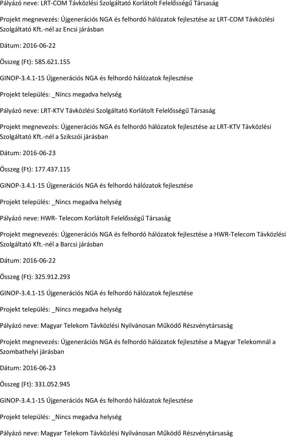 155 Pályázó neve: LRT-KTV Távközlési Szolgáltató Korlátolt Felelősségű Társaság Projekt megnevezés: Újgenerációs NGA és felhordó hálózatok fejlesztése az LRT-KTV Távközlési Szolgáltató Kft.