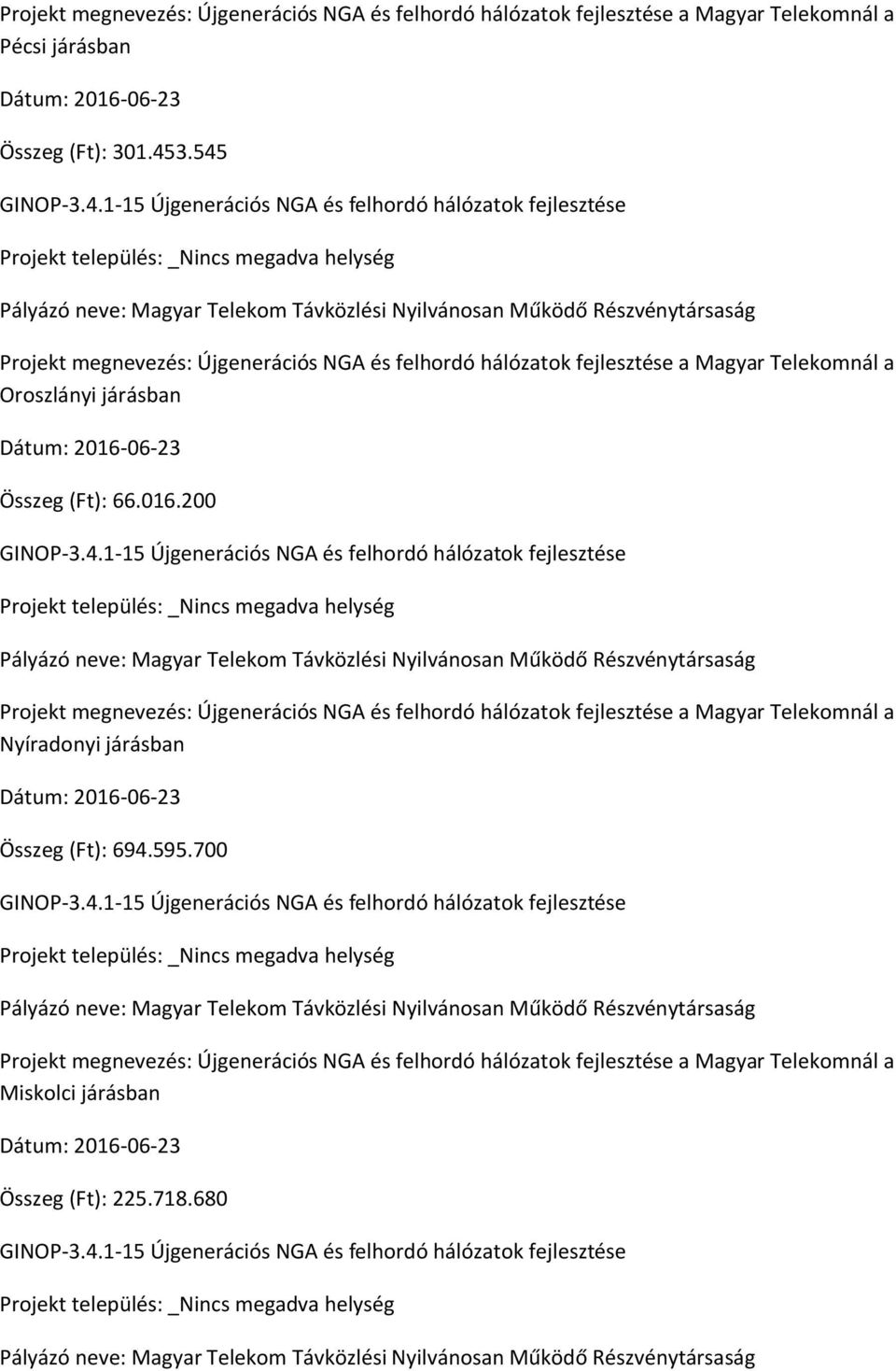 016.200 Projekt megnevezés: Újgenerációs NGA és felhordó hálózatok fejlesztése a Magyar Telekomnál a Nyíradonyi járásban Összeg (Ft):
