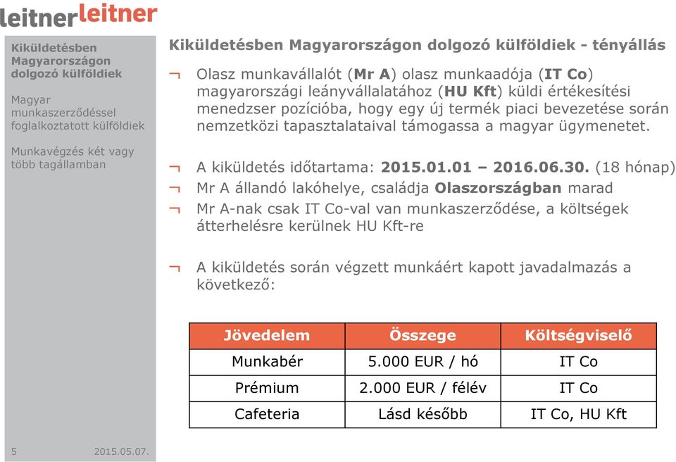 (18 hónap) Mr A állandó lakóhelye, családja Olaszországban marad MrA-nak csak IT Co-valvan munkaszerződése, a költségek átterhelésre kerülnek HU Kft-re A kiküldetés