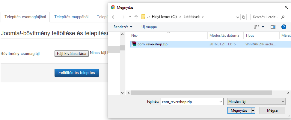 Telepítés Joomla 3.4 (és újabb) verziókra Webáruház komponens telepítésének lépései 1. A weboldalról töltse le a webáruház komponenst (com_revexshop.zip) a helyi gépre, egy üres mappába. 2.