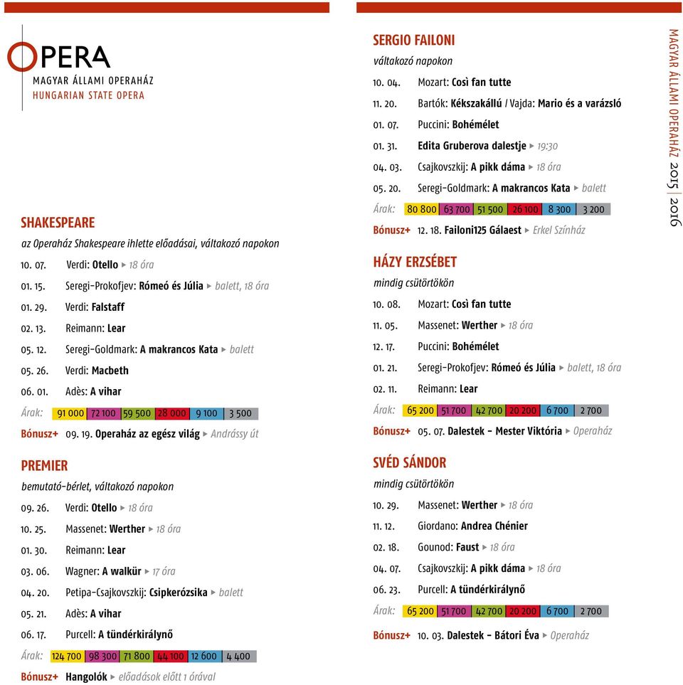 . Verdi: Otello óra 0.. Massenet: Werther óra 0. 0. Reimann: Lear 0. 0. Wagner: A walkür óra 0. 0. Petipa-Csajkovszkij: Csipkerózsika balett 0.. Adès: A vihar 0.