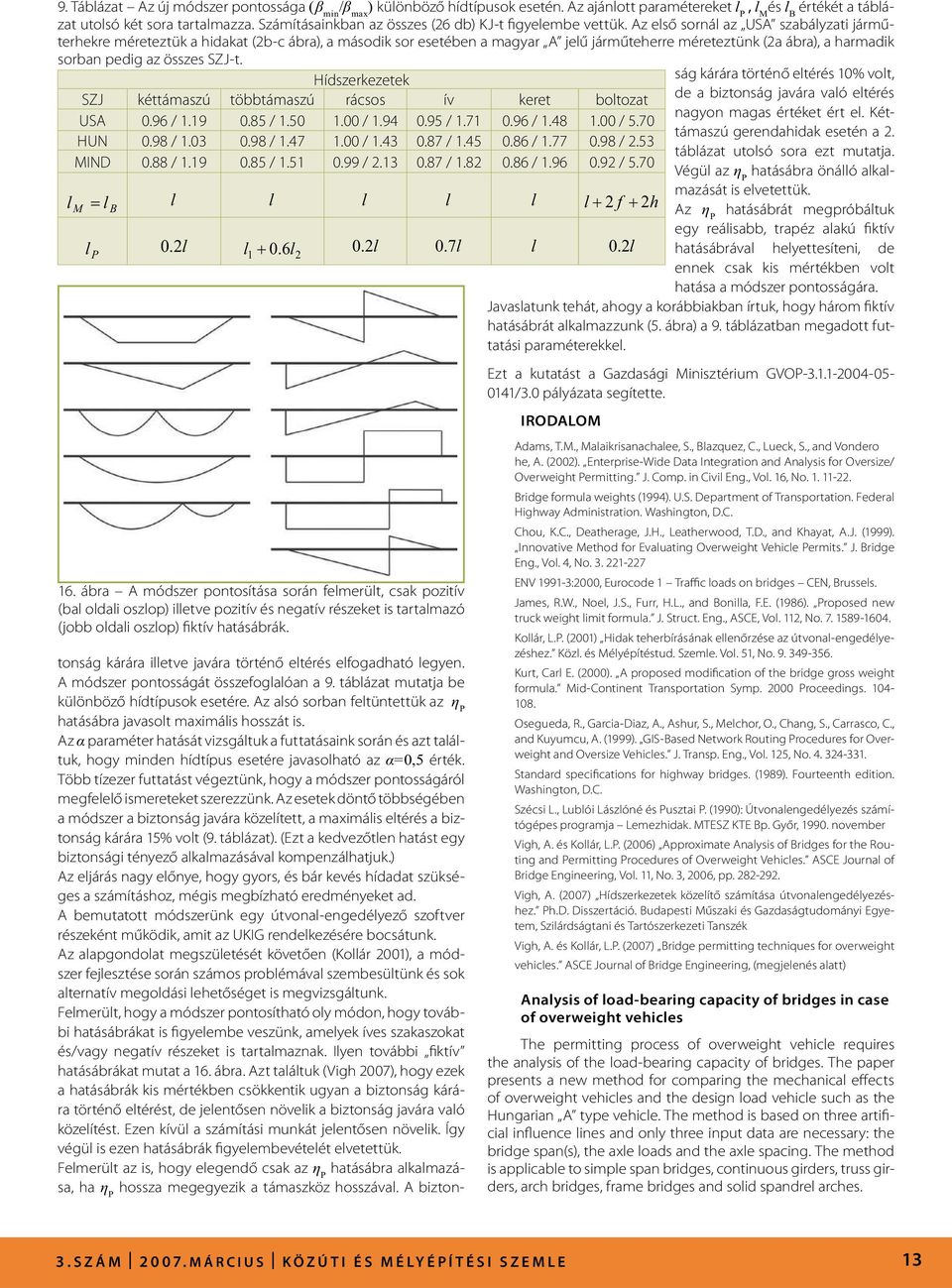 Az első sornál az USA szabályzati járműterhekre méreteztük a hidakat (2b-c ábra), a második sor esetében a magyar A jelű járműteherre méreteztünk (2a ábra), a harmadik sorban pedig az összes -t.